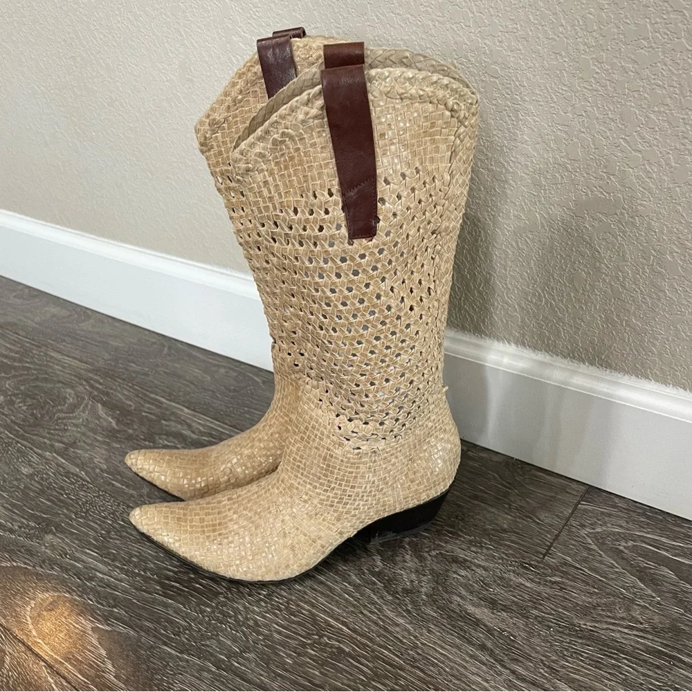 Gianni Barbato Beige Leather Braided Western Boots - Picture 2 of 12